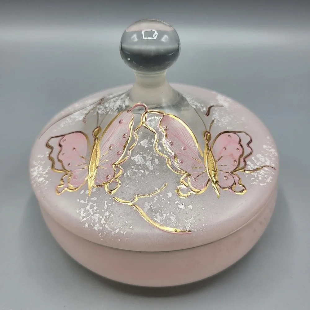 Butterfly Trinket Dish Vanity Jar Frosted Pink Glass Gold Accents Hand Painted